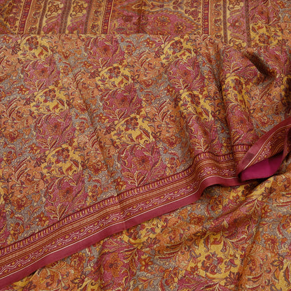 Indian Vintage Sari Pink & Mustard Pure Silk Printed Saree Fabric 5yard Sewing Craft Fabric DressMaking Soft Wrap