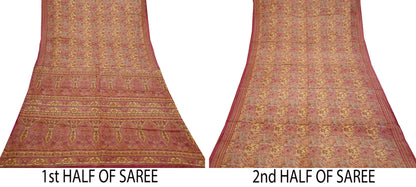 Indian Vintage Sari Pink & Mustard Pure Silk Printed Saree Fabric 5yard Sewing Craft Fabric DressMaking Soft Wrap