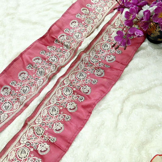Indian Vintage Pink Sari Border Woven Banarasi 1yd Trim Craft Sewing Recycled Sari Border Zari Pure Silk Home Decor Crafting