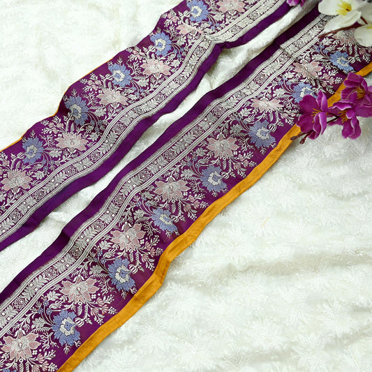 Indian Vintage Purple Sari Border Woven Banarasi 1yd Trim Craft Sewing Recycled Sari Border Zari Pure Silk Home Decor Crafting