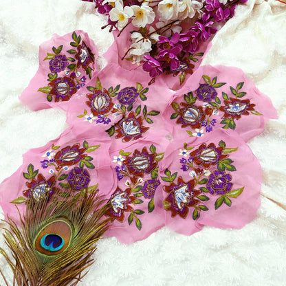 Indian Vintage Pink pure Georgette Silk Rare Appliques - set of 7 Embroidered VERY OLD ANTIQUE Snippets Remnants Craft Journals