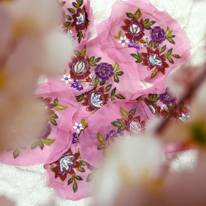 Indian Vintage Pink pure Georgette Silk Rare Appliques - set of 7 Embroidered VERY OLD ANTIQUE Snippets Remnants Craft Journals