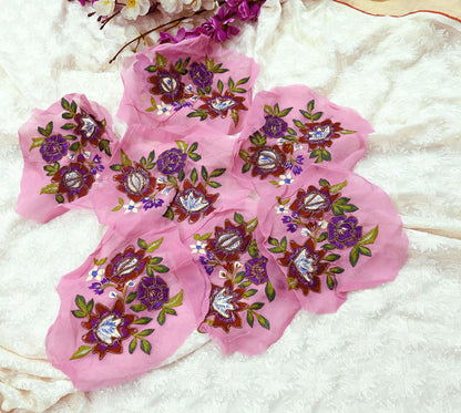 Indian Vintage Pink pure Georgette Silk Rare Appliques - set of 7 Embroidered VERY OLD ANTIQUE Snippets Remnants Craft Journals