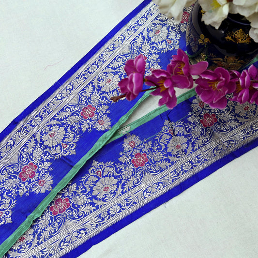 Indian Vintage Blue Sari Border Woven Banarasi 1yd Trim Craft Sewing Recycled Sari Border Zari Pure Silk Home Decor Crafting
