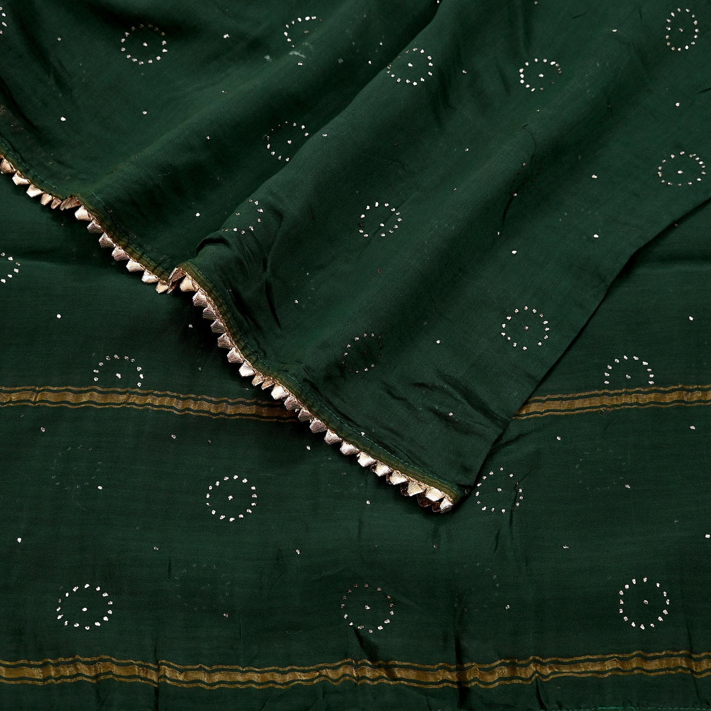Indian Vintage Dupatta Bottle Green Long Stole mukesh Pure Chanderi silk Scarves Veil Golden Zari Soft Stripes Design