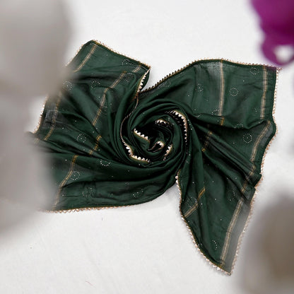 Indian Vintage Dupatta Bottle Green Long Stole mukesh Pure Chanderi silk Scarves Veil Golden Zari Soft Stripes Design