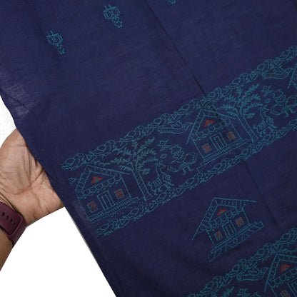 Indian Vintage Blue Dupatta Long Stole Woven Pure Cotton Scarves Veil Soft Fringes
