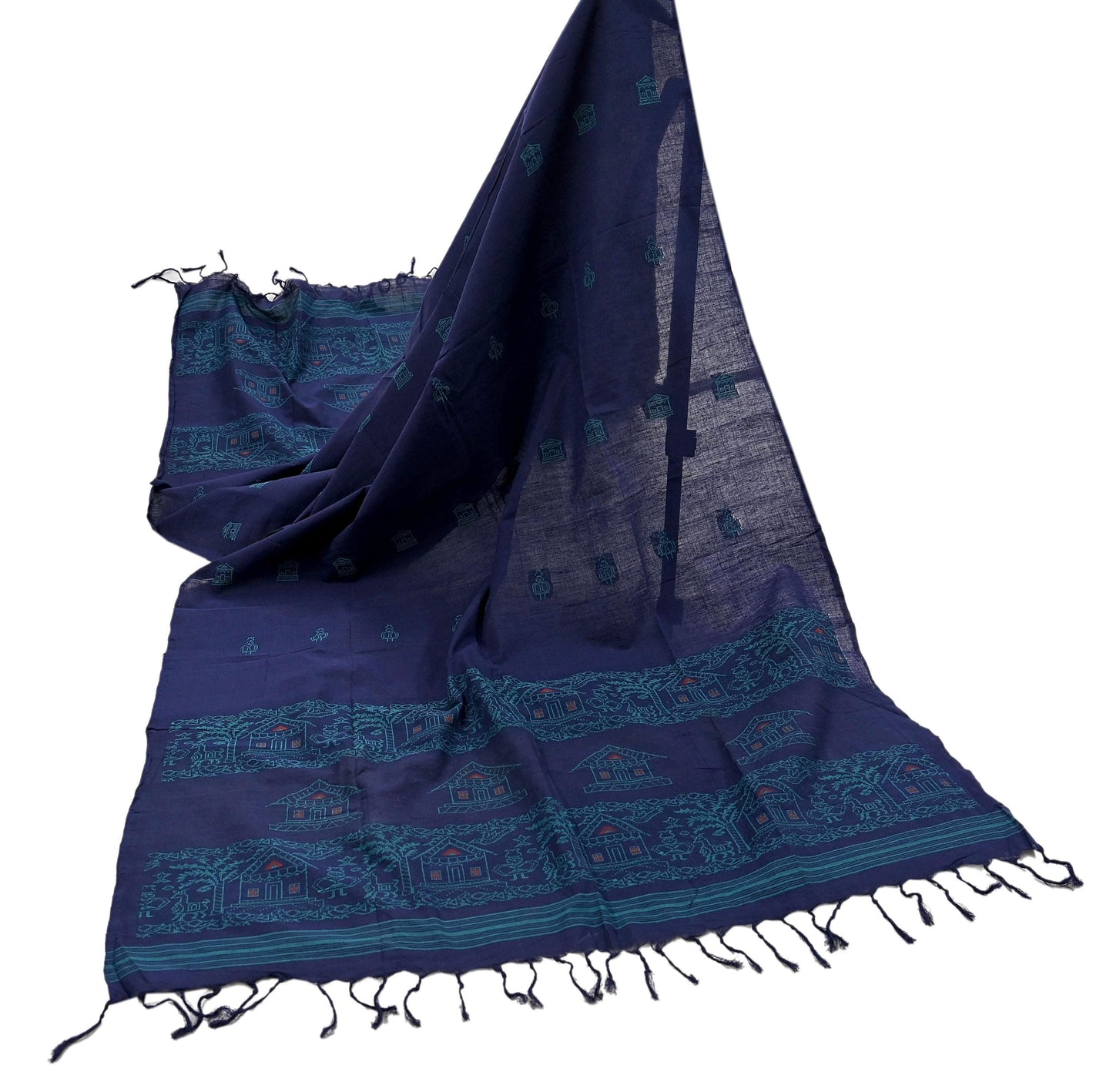 Indian Vintage Blue Dupatta Long Stole Woven Pure Cotton Scarves Veil Soft Fringes