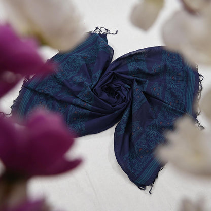 Indian Vintage Blue Dupatta Long Stole Woven Pure Cotton Scarves Veil Soft Fringes