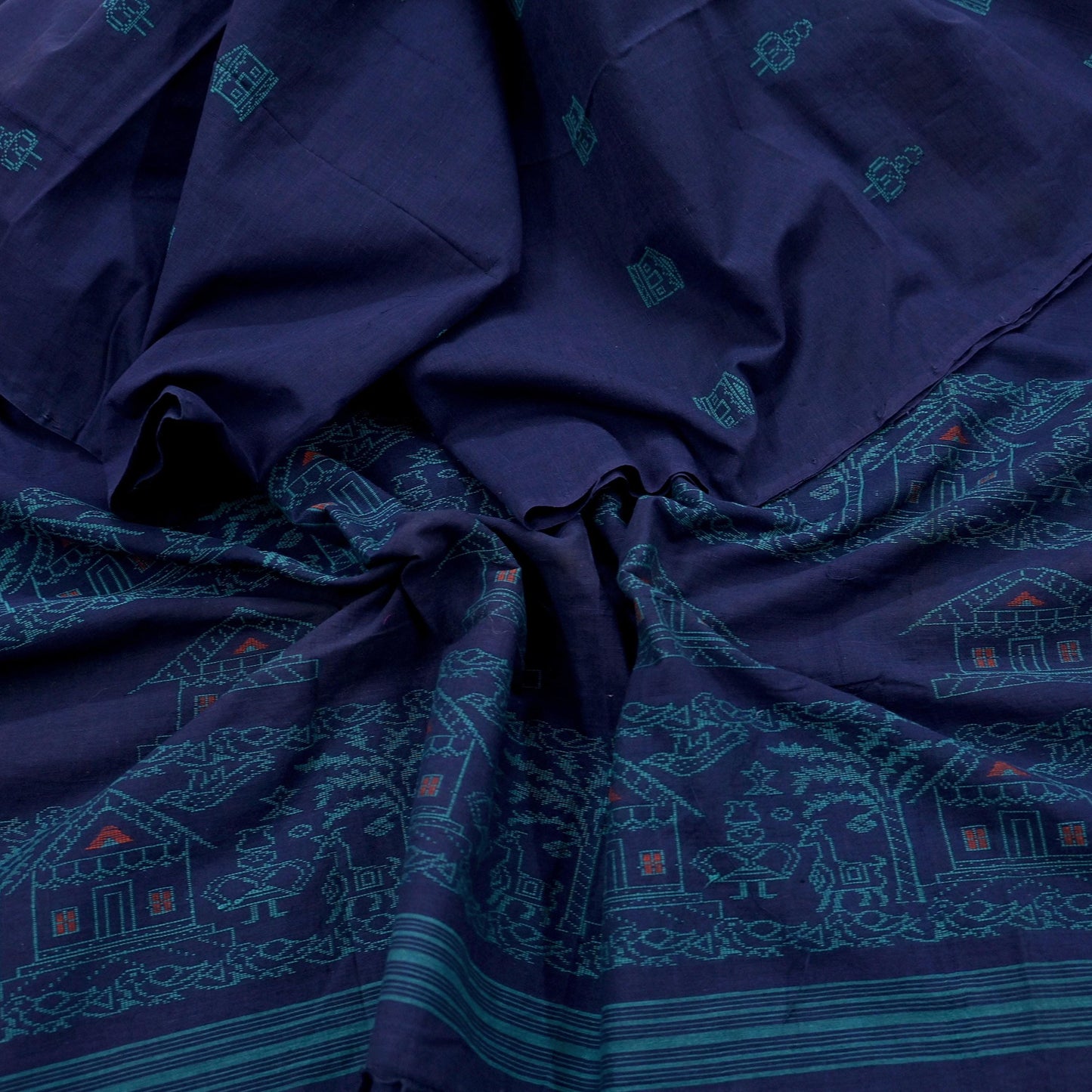 Indian Vintage Blue Dupatta Long Stole Woven Pure Cotton Scarves Veil Soft Fringes