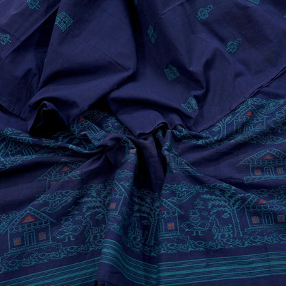 Indian Vintage Blue Dupatta Long Stole Woven Pure Cotton Scarves Veil Soft Fringes