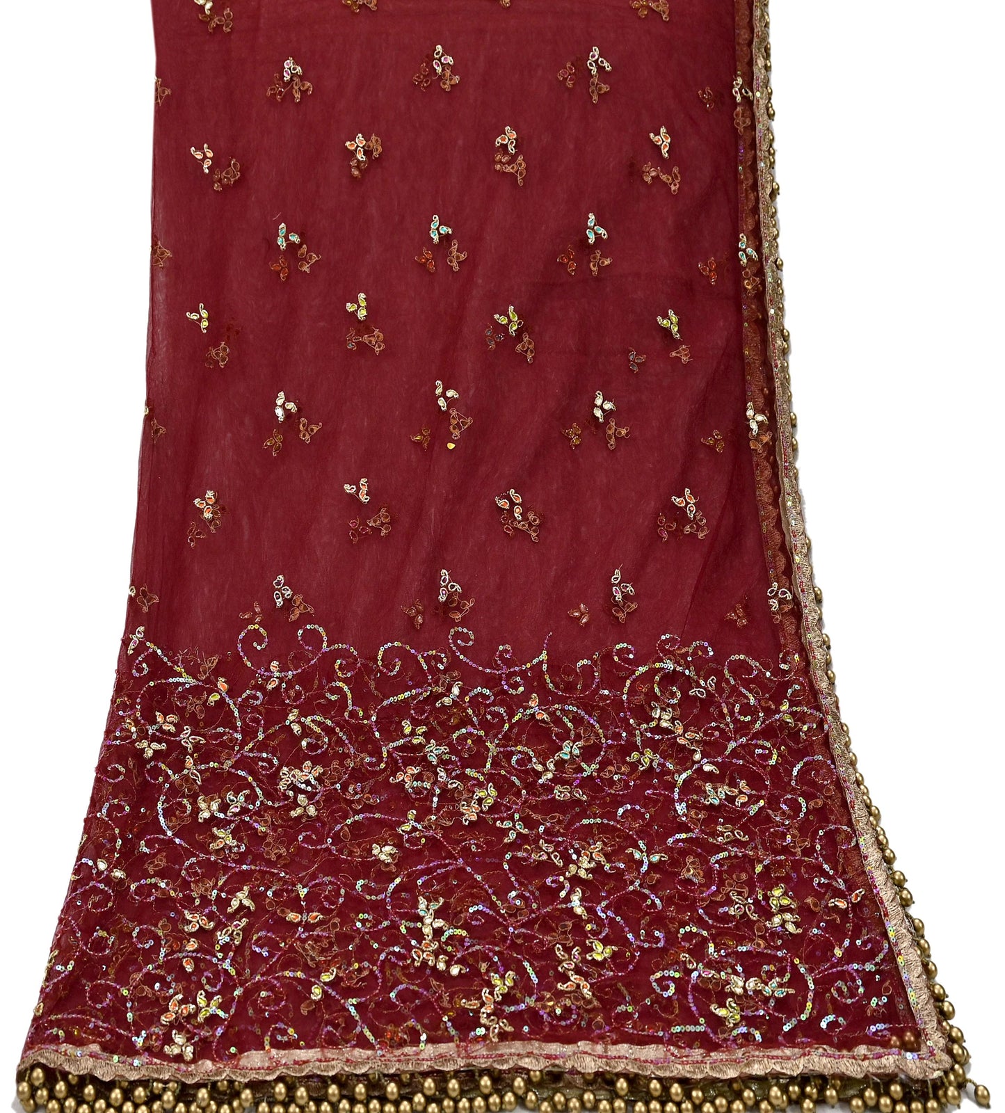 Vintage Bridal Heavy Maroon Net Dupatta Hand Embroidered Zardozi, Dabka, Zari, Sequins Work Wedding Veil Stole