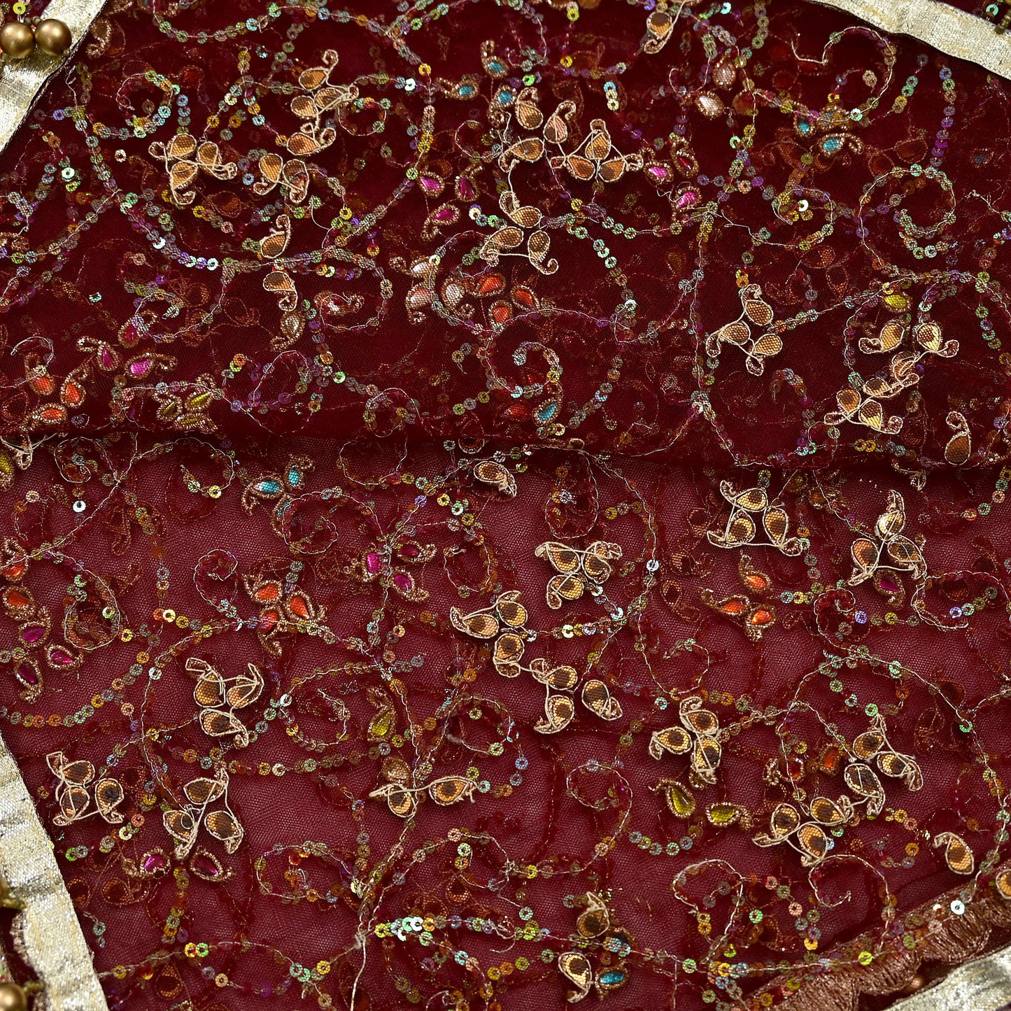 Vintage Bridal Heavy Maroon Net Dupatta Hand Embroidered Zardozi, Dabka, Zari, Sequins Work Wedding Veil Stole