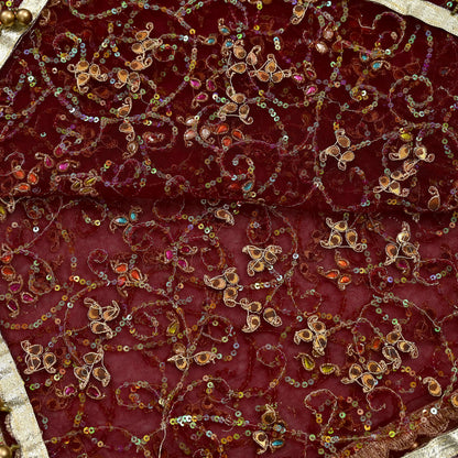 Vintage Bridal Heavy Maroon Net Dupatta Hand Embroidered Zardozi, Dabka, Zari, Sequins Work Wedding Veil Stole