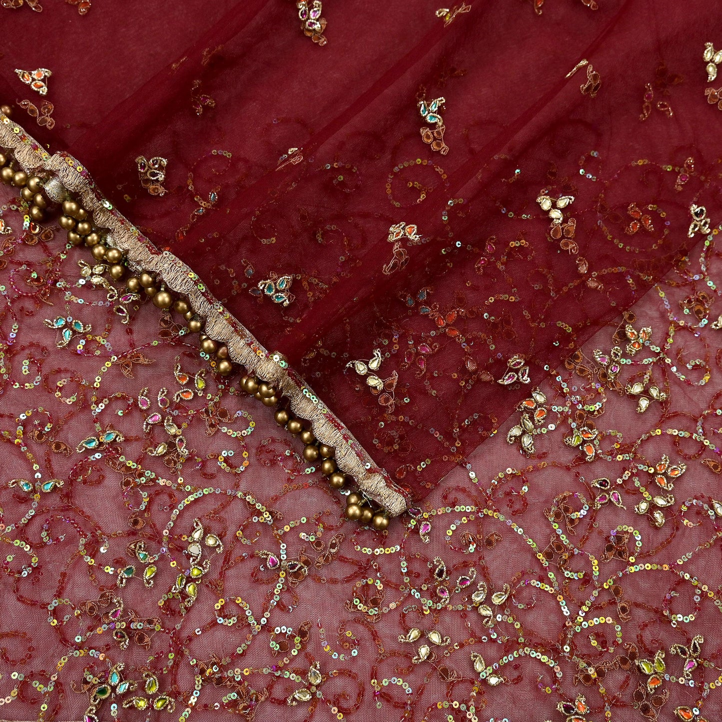 Vintage Bridal Heavy Maroon Net Dupatta Hand Embroidered Zardozi, Dabka, Zari, Sequins Work Wedding Veil Stole