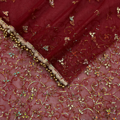 Vintage Bridal Heavy Maroon Net Dupatta Hand Embroidered Zardozi, Dabka, Zari, Sequins Work Wedding Veil Stole