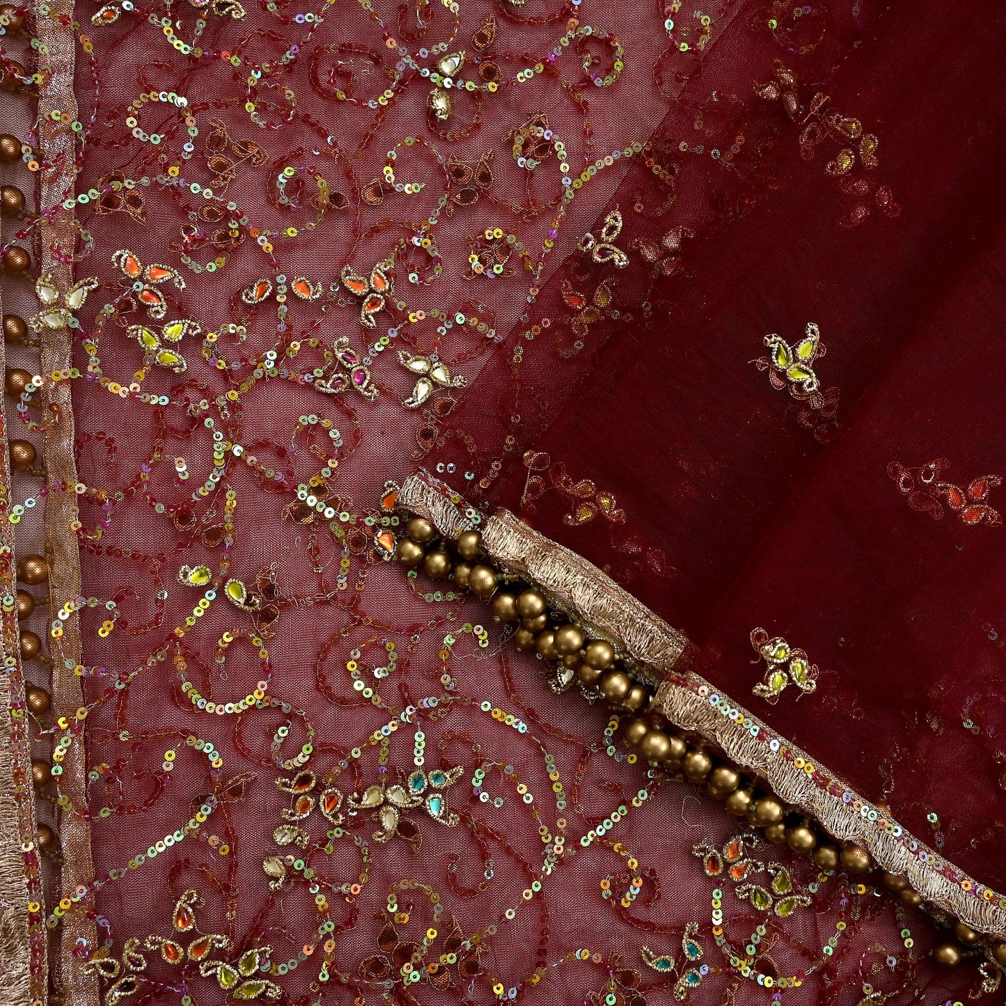 Vintage Bridal Heavy Maroon Net Dupatta Hand Embroidered Zardozi, Dabka, Zari, Sequins Work Wedding Veil Stole