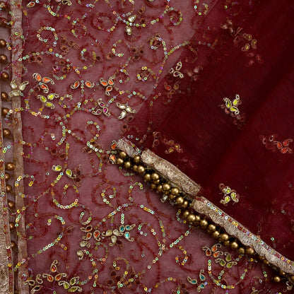 Vintage Bridal Heavy Maroon Net Dupatta Hand Embroidered Zardozi, Dabka, Zari, Sequins Work Wedding Veil Stole