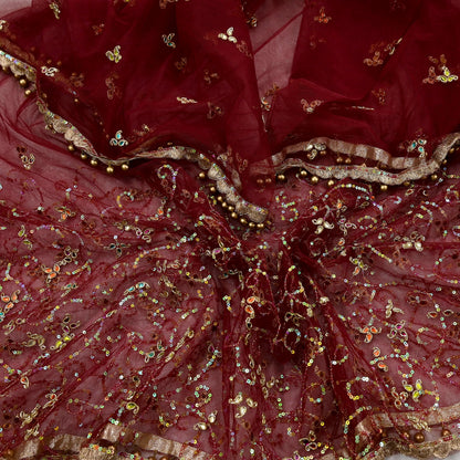 Vintage Bridal Heavy Maroon Net Dupatta Hand Embroidered Zardozi, Dabka, Zari, Sequins Work Wedding Veil Stole