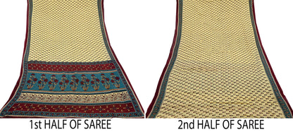 Indian Vintage Sari Yellow & Green Printed 100% Pure Cotton Saree Craft Fabric 5Yd Soft Sewing Sarong Wrap Boho