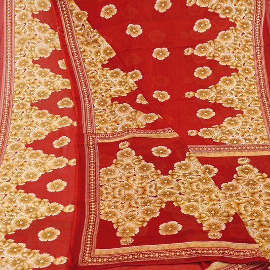 Indian Vintage Red Saree Printed Pure Cotton Sari Craft Fabric Soft 5Yd Sewing Sarong Wrap Boho Quilting Crafting Upcycle Dress making