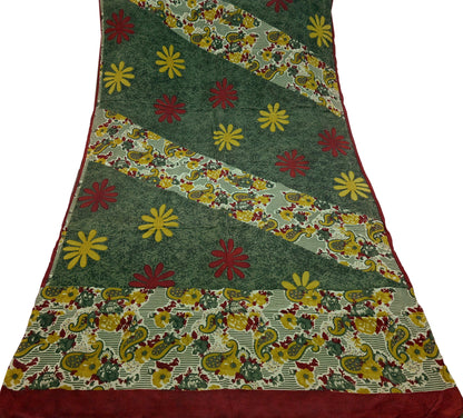 Indian Vintage Sari Green & Maroon Pure Crepe Silk Printed Sarees 5yd Sewing Soft Craft Fabric Wrap Upcycle Quilting Crafting Dress making