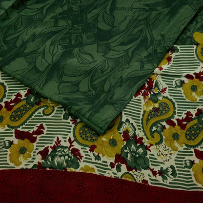 Indian Vintage Sari Green & Maroon Pure Crepe Silk Printed Sarees 5yd Sewing Soft Craft Fabric Wrap Upcycle Quilting Crafting Dress making