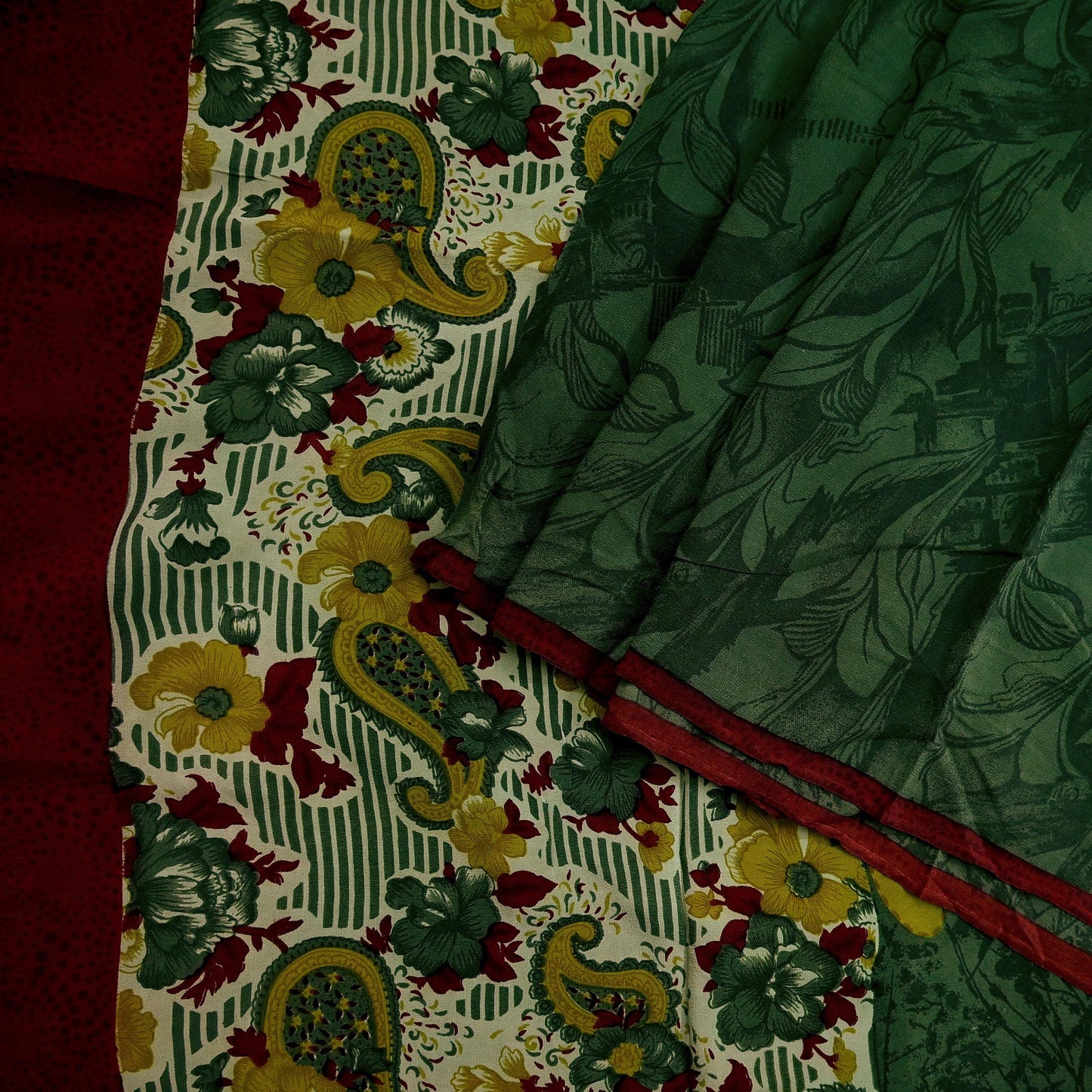 Indian Vintage Sari Green & Maroon Pure Crepe Silk Printed Sarees 5yd Sewing Soft Craft Fabric Wrap Upcycle Quilting Crafting Dress making