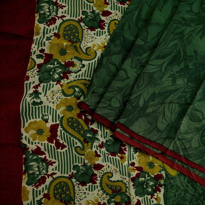 Indian Vintage Sari Green & Maroon Pure Crepe Silk Printed Sarees 5yd Sewing Soft Craft Fabric Wrap Upcycle Quilting Crafting Dress making