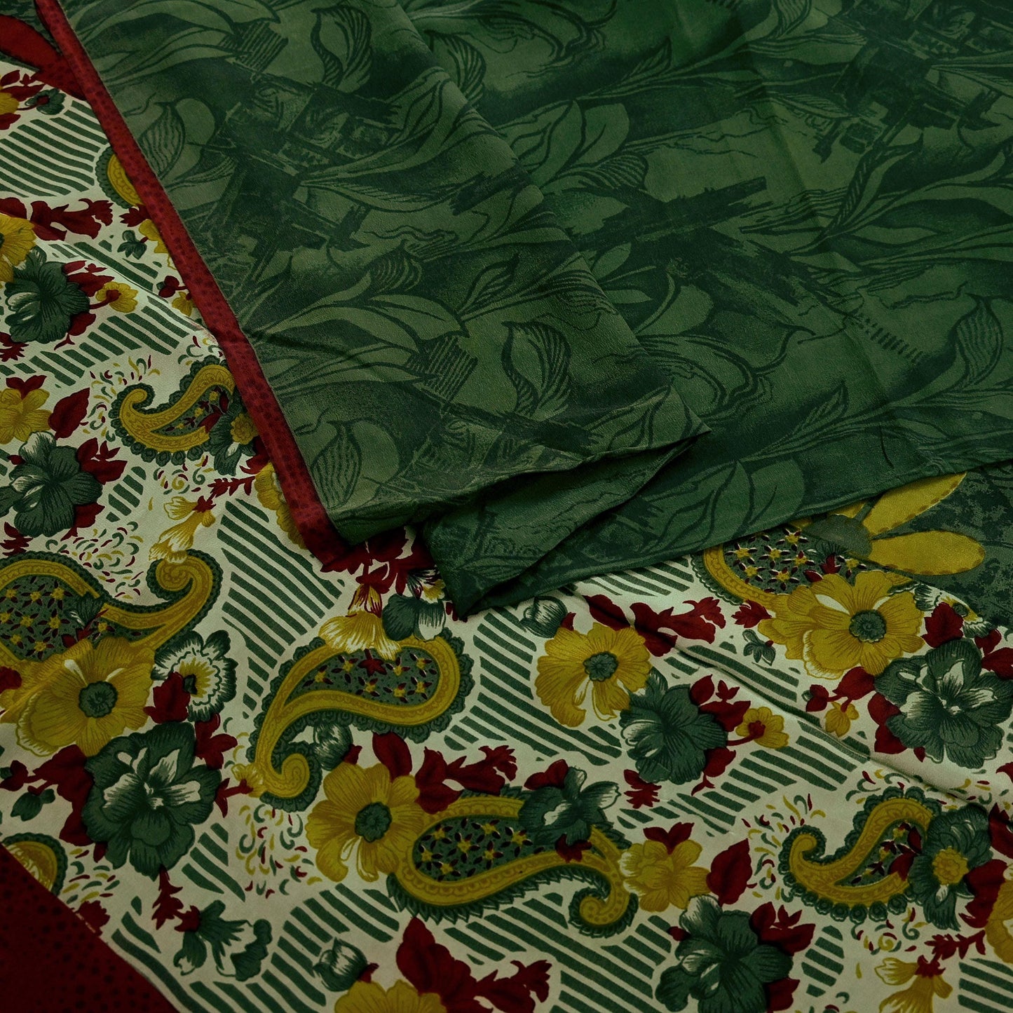 Indian Vintage Sari Green & Maroon Pure Crepe Silk Printed Sarees 5yd Sewing Soft Craft Fabric Wrap Upcycle Quilting Crafting Dress making