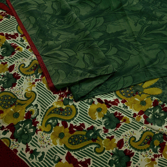 Indian Vintage Sari Green & Maroon Pure Crepe Silk Printed Sarees 5yd Sewing Soft Craft Fabric Wrap Upcycle Quilting Crafting Dress making
