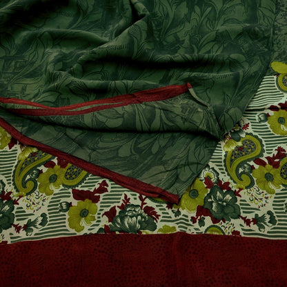 Indian Vintage Sari Green & Maroon Pure Crepe Silk Printed Sarees 5yd Sewing Soft Craft Fabric Wrap Upcycle Quilting Crafting Dress making