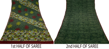Indian Vintage Sari Green & Maroon Pure Crepe Silk Printed Sarees 5yd Sewing Soft Craft Fabric Wrap Upcycle Quilting Crafting Dress making