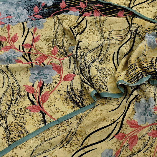 Decorative silk fabric with floral and abstract patterns on a textured background