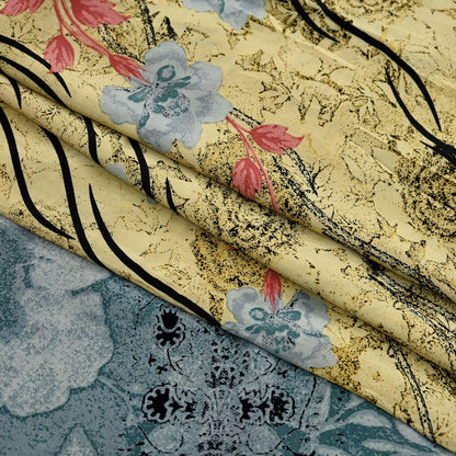 Close-up of floral-patterned silk fabric with a beige background