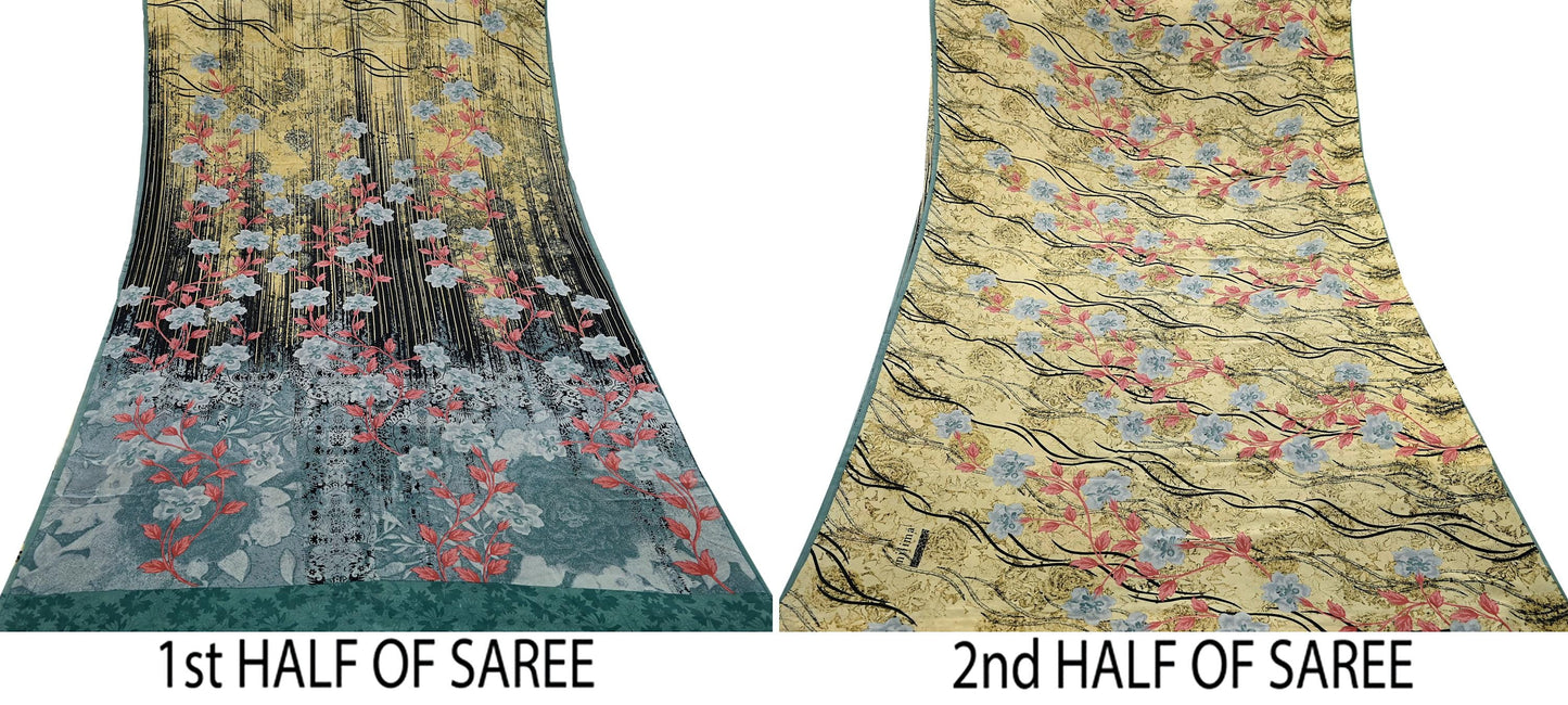 Two halves of a saree with floral prints on a white background
