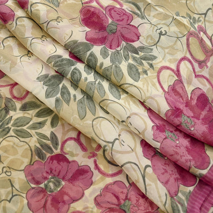 Women Vintage Sari Beige Pure Georgette Silk Digital Printed Saree Craft Fabric Sewing 5Yd Light Dress Making Geometric Crafting Quilting