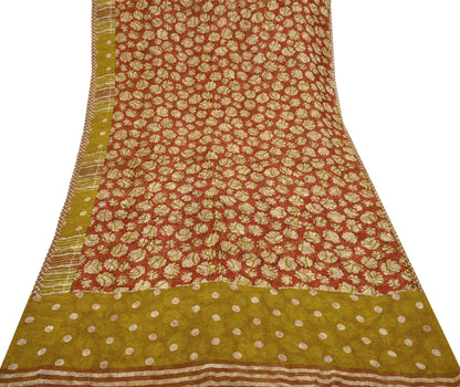 Women Vintage Sari Red & Green 100% Pure Georgette Silk Printed Saree Craft Fabric Sewing 5Yd Soft Sari Dress Making