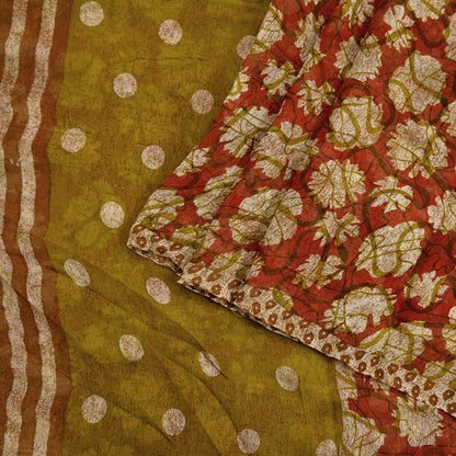 Women Vintage Sari Red & Green 100% Pure Georgette Silk Printed Saree Craft Fabric Sewing 5Yd Soft Sari Dress Making