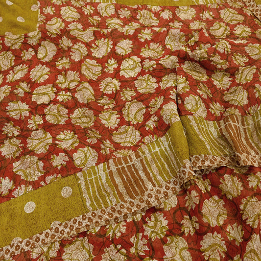 Women Vintage Sari Red & Green 100% Pure Georgette Silk Printed Saree Craft Fabric Sewing 5Yd Soft Sari Dress Making