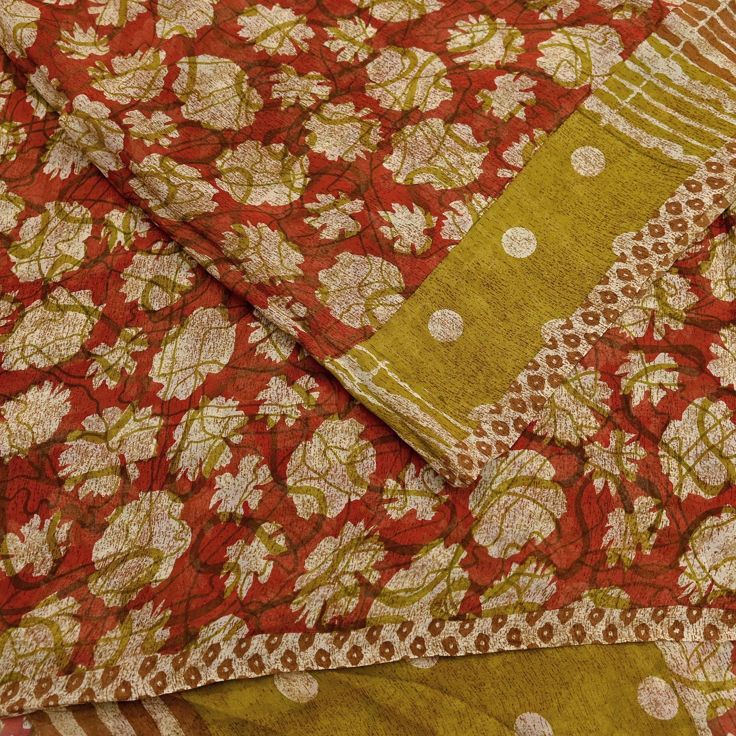 Women Vintage Sari Red & Green 100% Pure Georgette Silk Printed Saree Craft Fabric Sewing 5Yd Soft Sari Dress Making