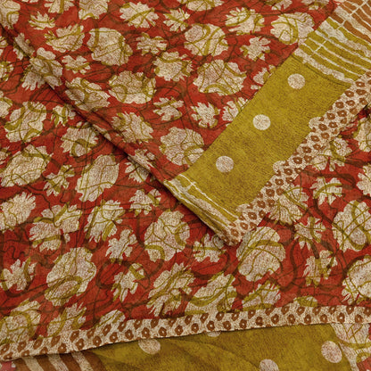 Women Vintage Sari Red & Green 100% Pure Georgette Silk Printed Saree Craft Fabric Sewing 5Yd Soft Sari Dress Making