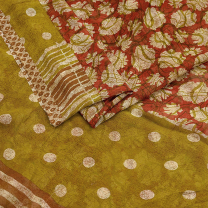 Women Vintage Sari Red & Green 100% Pure Georgette Silk Printed Saree Craft Fabric Sewing 5Yd Soft Sari Dress Making