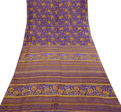 Indian Vintage Purple Pure Silk Printed Saree 5Yards Soft Floral Fabric for Dressmaking, Quilting, Crafting, Sewing & Upcycling