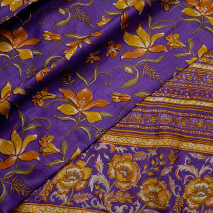 Indian Vintage Purple Pure Silk Printed Saree 5Yards Soft Floral Fabric for Dressmaking, Quilting, Crafting, Sewing & Upcycling