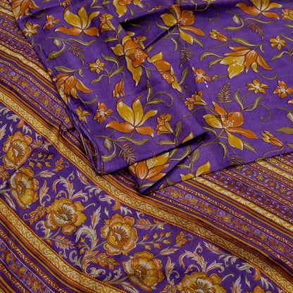 Indian Vintage Purple Pure Silk Printed Saree 5Yards Soft Floral Fabric for Dressmaking, Quilting, Crafting, Sewing & Upcycling