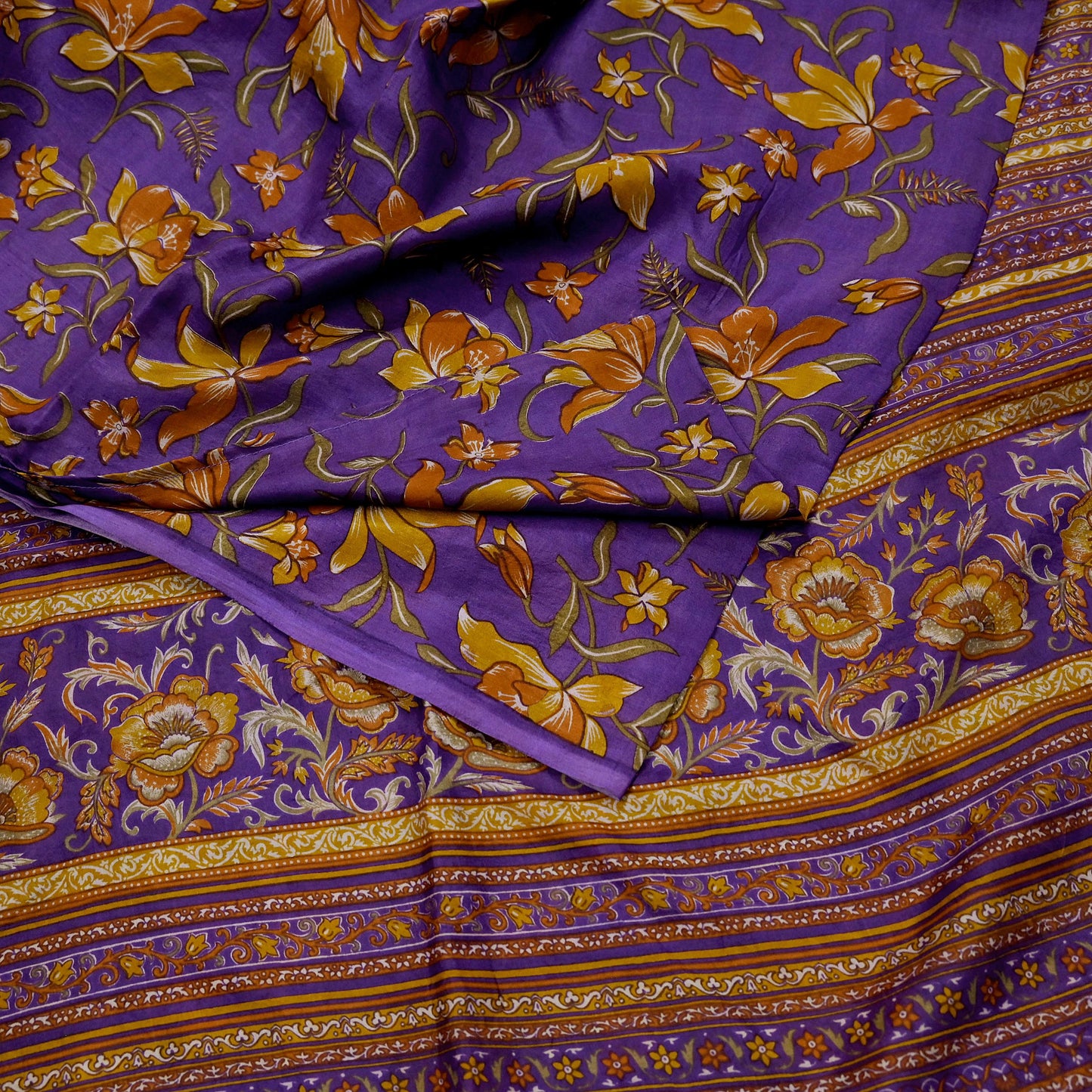 Indian Vintage Purple Pure Silk Printed Saree 5Yards Soft Floral Fabric for Dressmaking, Quilting, Crafting, Sewing & Upcycling