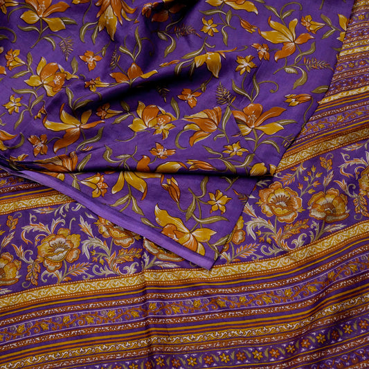 Indian Vintage Purple Pure Silk Printed Saree 5Yards Soft Floral Fabric for Dressmaking, Quilting, Crafting, Sewing & Upcycling