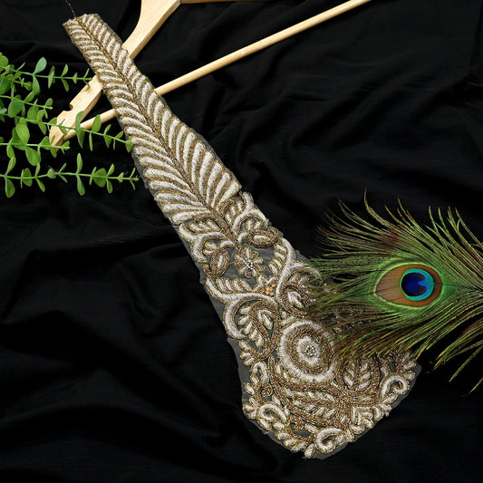 Indian Vintage Ivory Net/Mesh Appliques  Set of 1 | Hand-Embroidered Floral Patches with Zardozi,Dabka, Zari,for Craft, Journals