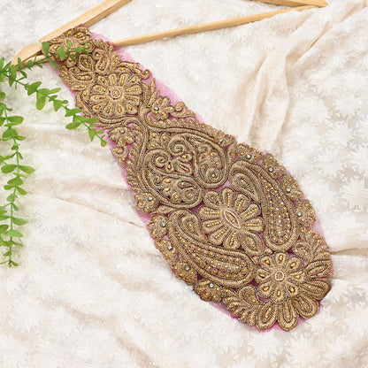 Indian Vintage Pink Net/Mesh Appliques  Set of 1 | Hand-Embroidered Floral Patches with Zardozi,Dabka, Zari,for Craft, Journals